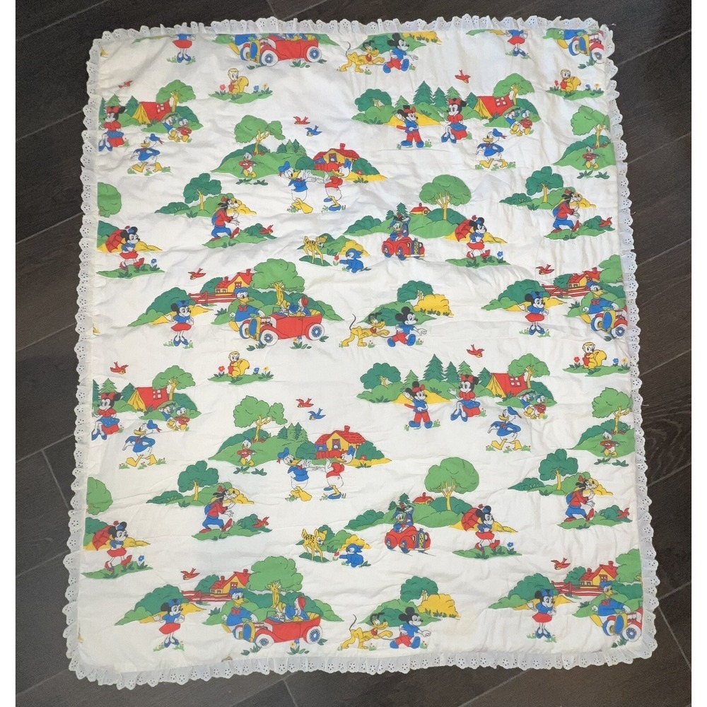 Handmade Disney Blanket Quilt‎ Vintage Fabric Mickey Mouse Lace Trim 42x49.5"
